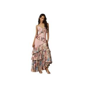 ANTHROPOLOGIE BHLDN Elora Pink Sleeveless Ruffle Lace Maxi Dress Size 4 Wedding